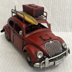 Tin Red Beetle Car with Surfboard And Luggage Decorative Collectible Model